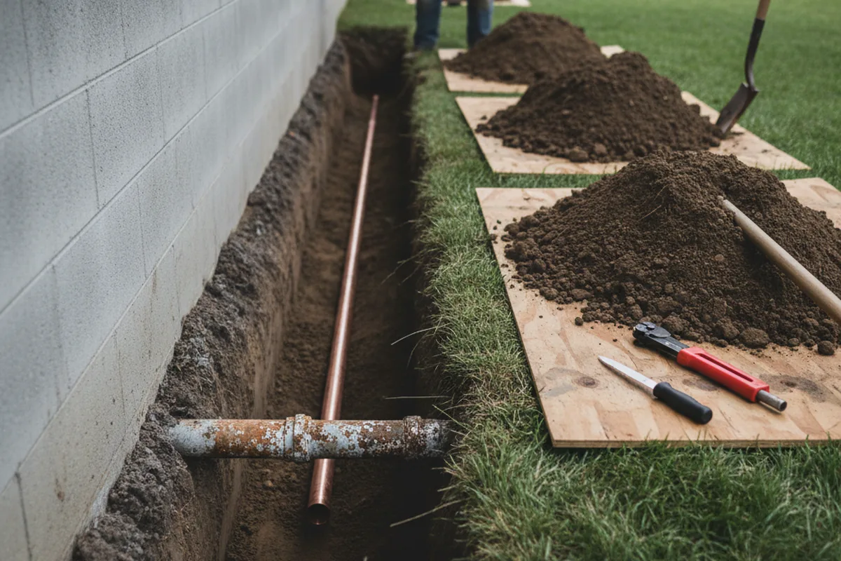 Excavated water line trench during Water Softener Installation in Pekin